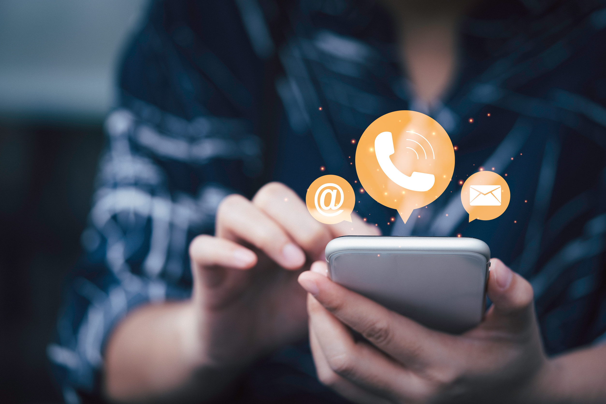 Person Using Smartphone With Floating Contact And Communication Icons